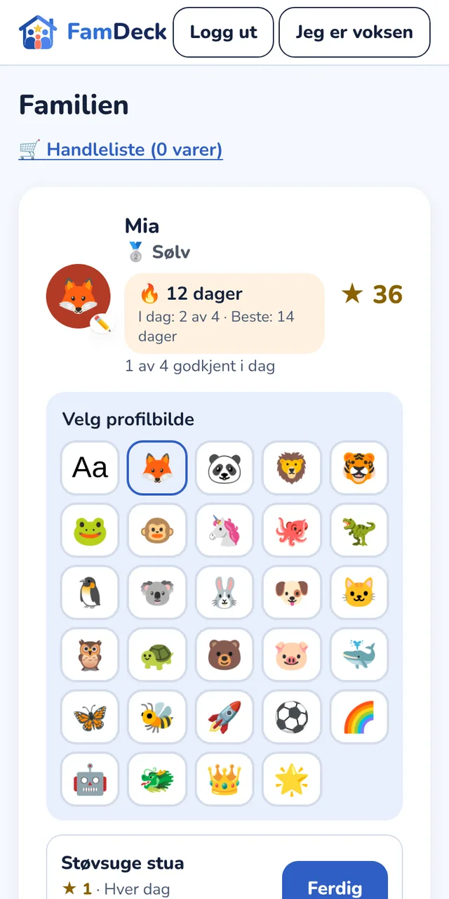 Barnets profil med et rutenett av figurer å velge mellom, som rev, panda og dinosaur