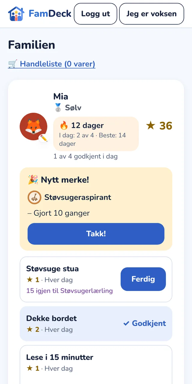Nytt merke: Støvsugeraspirant, og en oppgave med 15 igjen til Støvsugerlærling