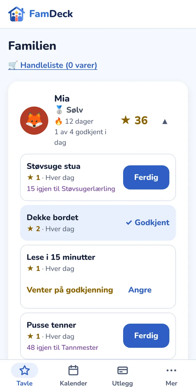 Foreldrevisning med oppgaver som er godkjent og en som venter