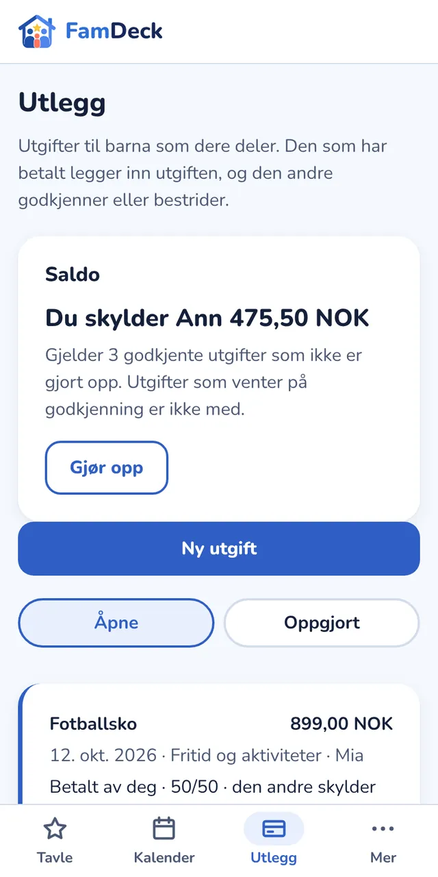 Utleggsoversikt med saldo mellom foreldrene