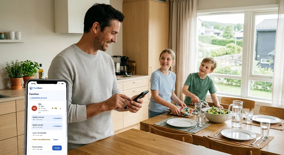 Pappa ser på FamDeck på telefonen mens to barn dekker bordet og smiler til ham
