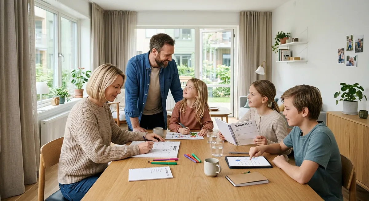 En familie planlegger uken rundt et spisebord, og et barn peker på kalenderen på et nettbrett