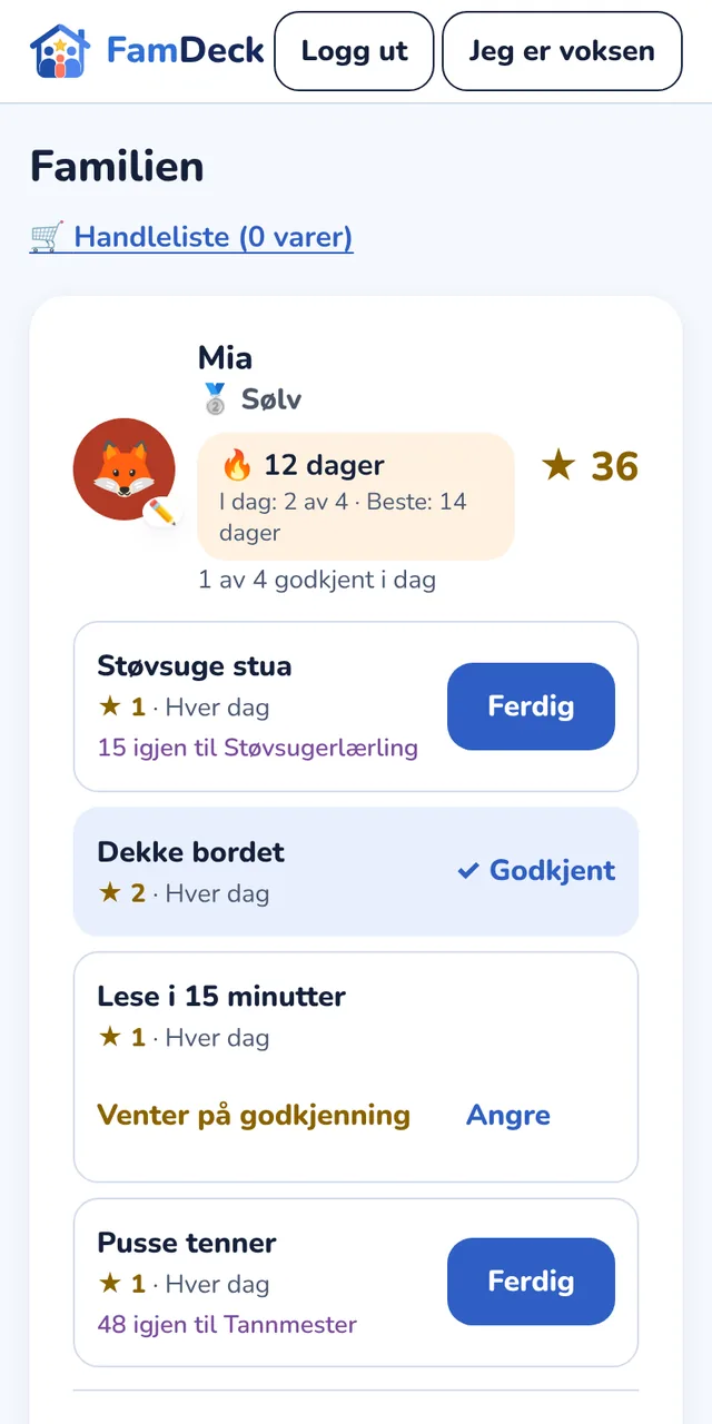 Barnemodus: Mia har en streak på 12 dager, to oppgaver er godkjent og en venter