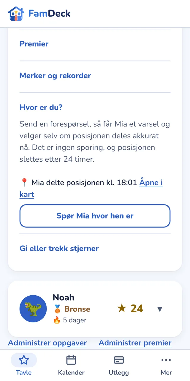 Foreldrevisning: Mia delte posisjonen sin, med lenke til kart og knappen Spør Mia hvor hun er