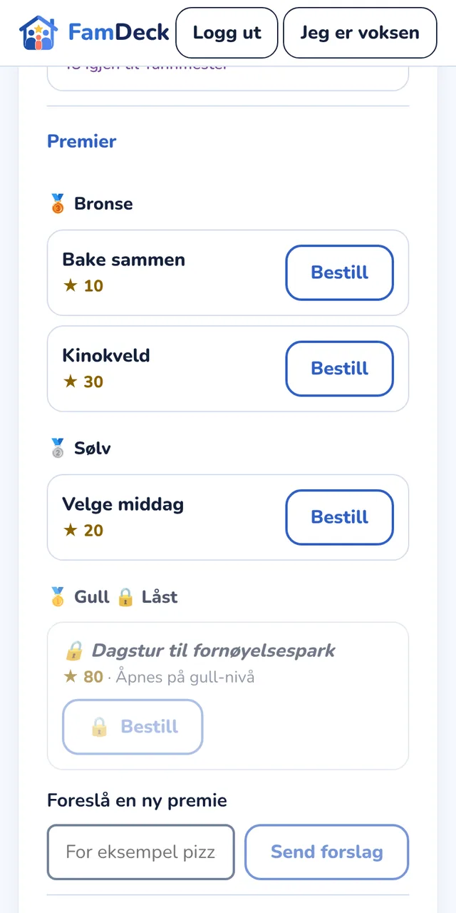 Premier sortert etter nivå, med en låst gullpremie