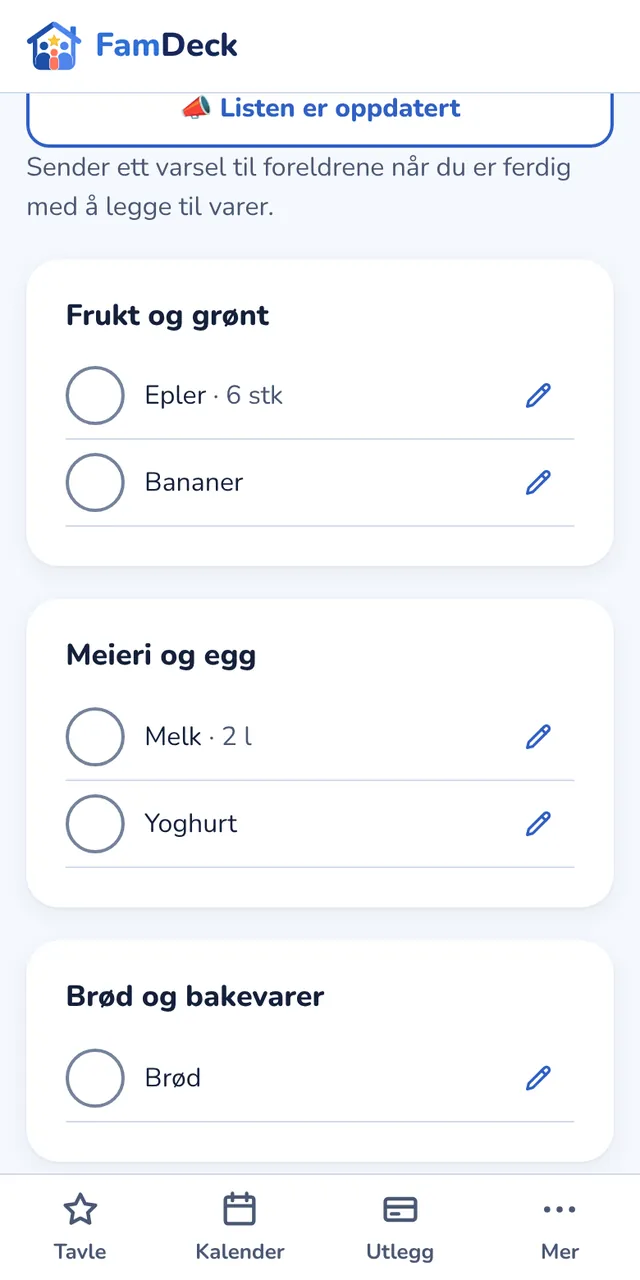 Handleliste sortert etter kategori