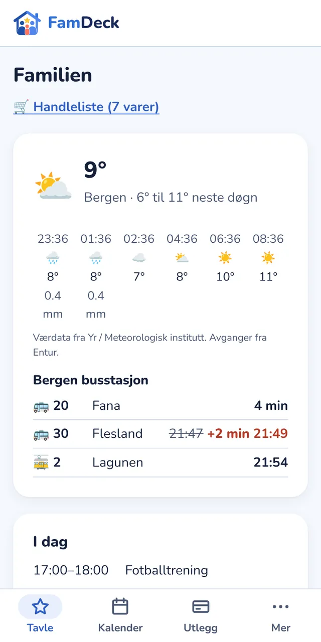 Forsiden med vær, bussavganger og dagens avtaler